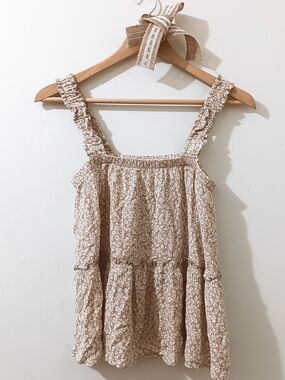 Pink Lily Tan Beige Square Neck Floral Ruffle Strap Flowy Tank Top